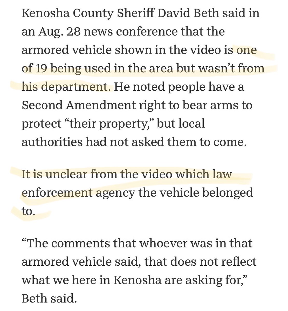 In this USA Today article published just 4 days after the shooting in Kenosha, the sheriff says the armored tank that tossed water to Rittenhouse wasn’t from his department but didn’t identify exactly who it was. So tanks are just rolling thru a community assisting the far right? 