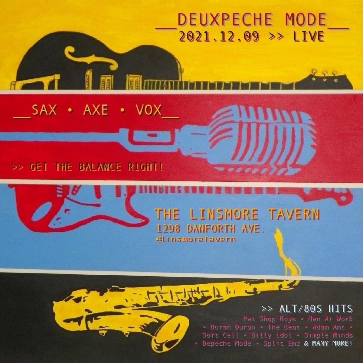 DeuxpecheMode's tweet image. DEUXPECHE MODE, LIVE
Thurs. Dec. 9, 8:00PM
@LinsmoreTavern 

&amp;gt;&amp;gt;BLASPHEMOUS COVERS!🎷🎸🗣️🗣️
Alt.80s classics by the usual suspects — Billy Idol, The Smiths, Soft Cell, Pet Shop Boys, Men At Work, Depeche Mode😉, Eurythmics, Big Country — and so many more!
facebook.com/events/2880194…