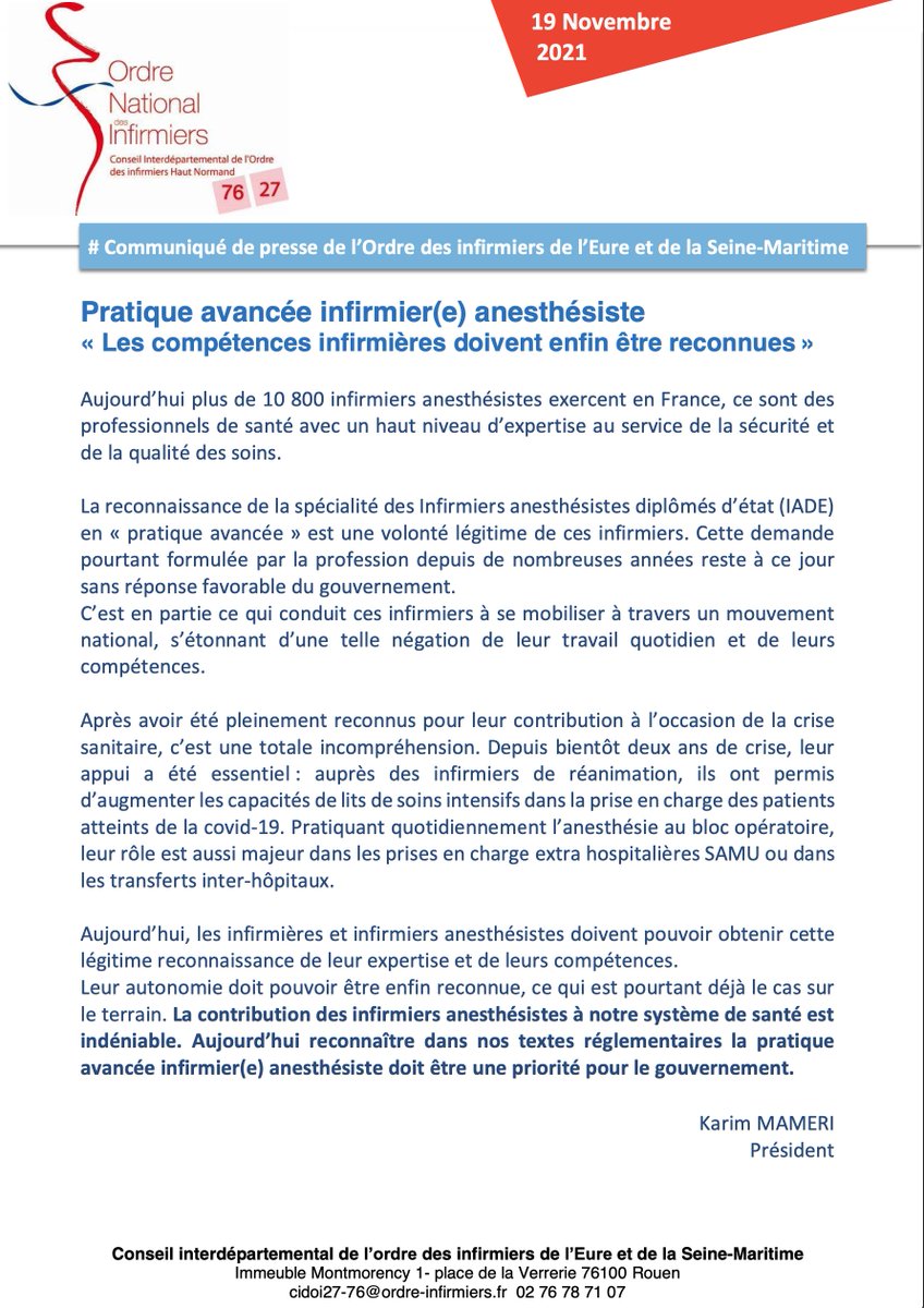 karim Mameri 🇪🇺🇫🇷 (@karim_mameri) on Twitter photo l'<a href="/CIDOI_76_27/">Ordre Infirmiers HN</a> soutient les #iades dans leur mouvement. Les compétences des infirmiers doivent être "enfin" reconnues... L'<a href="/OrdreInfirmiers/">Ordre National des Infirmiers</a> représente la profession, nous nous battons pour cela, c'est notre engagement militant✊#solidaire #CohesionInfirmiere l'<a href="/CIDOI_76_27/">Ordre Infirmiers HN</a> soutient les #iades dans leur mouvement. Les compétences des infirmiers doivent être "enfin" reconnues... L'<a href="/OrdreInfirmiers/">Ordre National des Infirmiers</a> représente la profession, nous nous battons pour cela, c'est notre engagement militant✊#solidaire #CohesionInfirmiere
