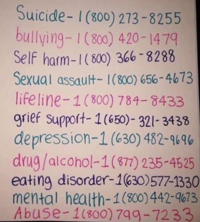 beingkarmin's tweet photo. It’s important to know that you can ask for help whenever you need it. Never be ashamed because you are human. Your mental health matters and if you don’t know where to go try these numbers. #WhenToAskForHelp https://t.co/PvOn6MLHQq