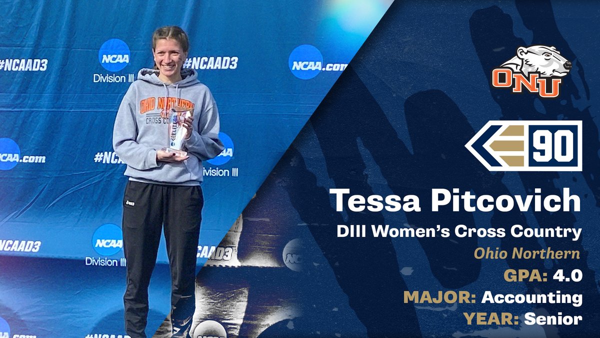 With a 4.0 GPA in accounting, Tessa Pitcovich of <a href="/ONUsports/">Ohio Northern Sports</a> is the 2021 <a href="/NCAADIII/">NCAA Division III</a> women's cross country #Elite90 award winner!