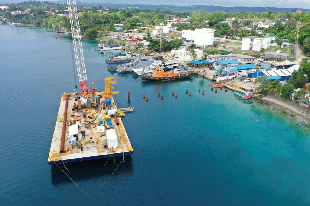 DefenceAust's tweet photo. Check out 👀⬇️ the progress being made on Vanuatu’s RVS Mala Base Wharf! 🏗️

Scheduled for completion in 2022, the redeveloped wharf will berth Vanuatu’s new Guardian-class Patrol Boat RVS Takuare, delivered under Australia’s Pacific #MaritimeSecurity Program. 👏🚢

#YourADF https://t.co/2yYjSQrrte