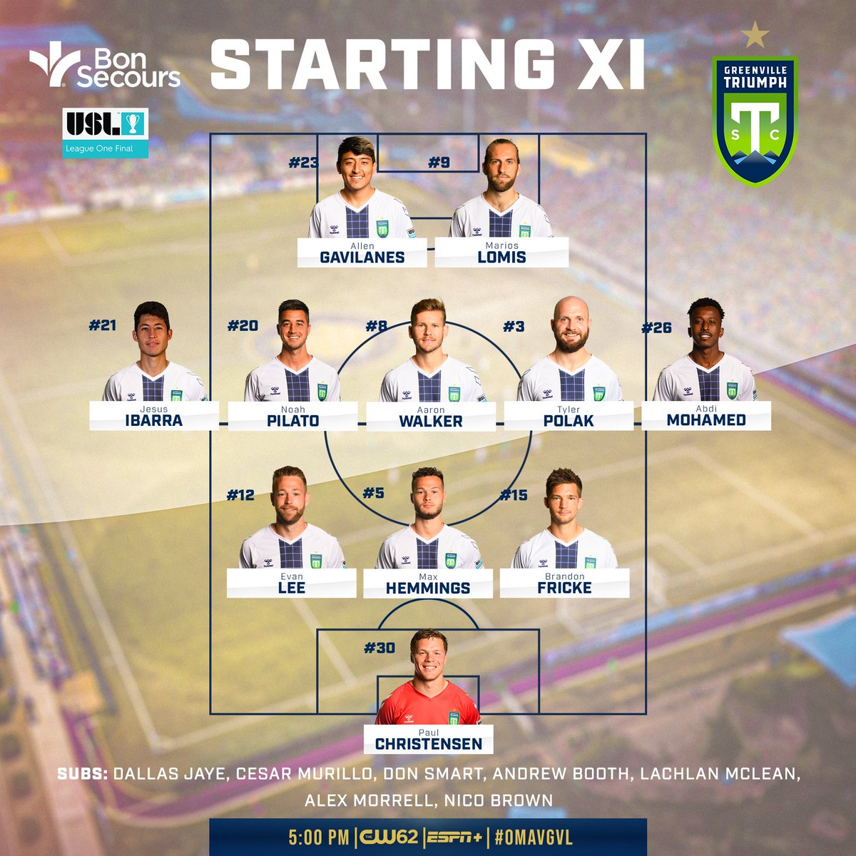 GVLTriumph's tweet photo. Chasing a title at 5:00 PM with our @BonSecours Starting XI. Tune in to The CW or ESPN+ to watch the USL League One Final!
#ForThe864 #OMAvGVL https://t.co/5ovwrNOP2f