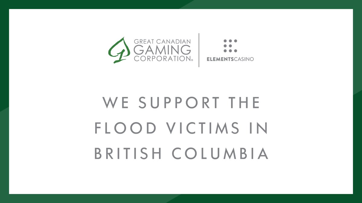 Elements Casino Ontario (@elementscasino) on Twitter photo In light of the catastrophic flooding in some regions of #BritishColumbia, Great Canadian Gaming is proud to make a donation of $10,000 to the <a href="/redcrosscanada/">Canadian Red Cross</a> to support the recovery of those communities impacted. In light of the catastrophic flooding in some regions of #BritishColumbia, Great Canadian Gaming is proud to make a donation of $10,000 to the <a href="/redcrosscanada/">Canadian Red Cross</a> to support the recovery of those communities impacted.