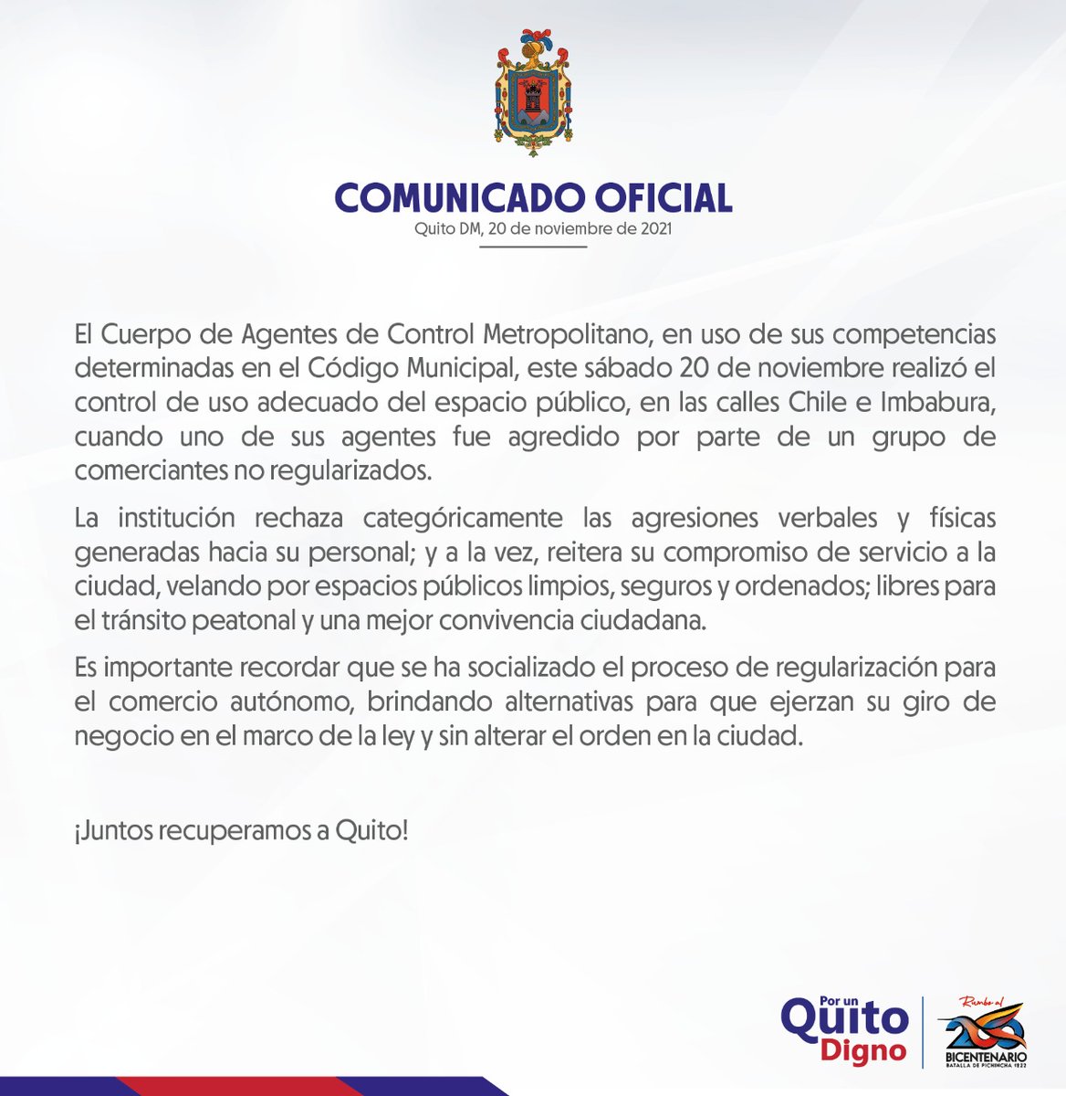 agentesdequito's tweet photo. 📢COMUNICADO| Rechazamos todo tipo de agresiones hacia nuestro personal durante el cumplimiento de su labor. Trabajamos al servicio de la ciudad, por espacios públicos libres y seguros para el tránsito peatonal. Somos #AgentesDeQuito #OrdenEsSeguridadUIO https://t.co/x6iGBcutKI