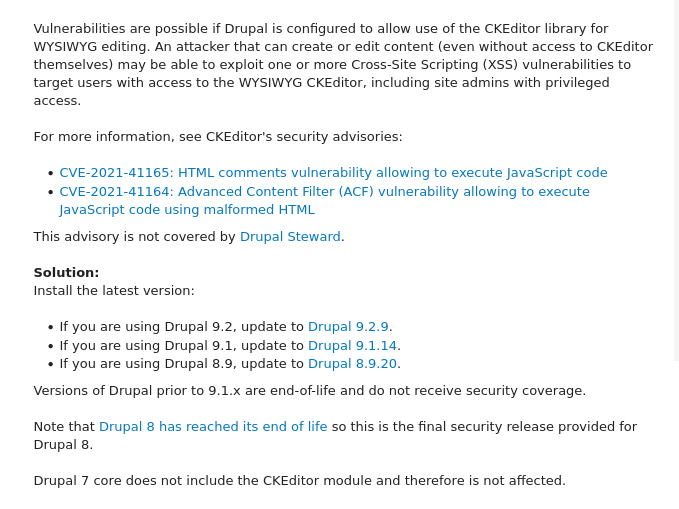 Totocellux's tweet image. #Vulnerabilities: #DrupalCore, Moderately Critical Cross Site Scripting - SA-CORE-2021-011. Update ASAP To v9.2.9 or v9.1.14 or v8.9.20
bit.ly/30Mpb2w-Ttx
@drupal
𝞝
CVE-2021-41164/5
#Enterprises #Organizations
#InfoSec  #CKEditor
#CyberSecurity #CSS
#SecurityFlaws