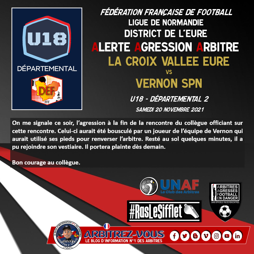 ArbitrezVous's tweet photo. #AlerteAgressionArbitre #RasLeSifflet
L'histoire se répète à l'infini... il va falloir vraiment faire quelque chose 😱😡😡
@ArbitresSAFE @UnafArbitres @FFF @LFNofficiel @Prefet27 @fbleuhnormandie @Sport_PN @lequipe @vphulpin @BFMTV @F3bnormandie @Sports_gouv @Interieur_Gouv https://t.co/EQIXYtIvHH