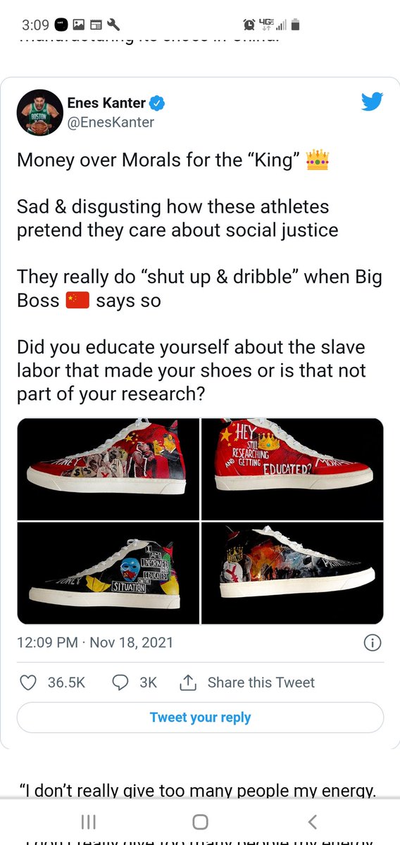 TommWaz's tweet photo. Proud of your words and opinion on the matter @KingJames . 🐐 

@EnesKanter , you're just looking for publicity.  🗑 

If you really want a reaction, attack the @NBA as a whole, most mainstream clothing companies, or @Nike itself. https://t.co/FZQTxg3Y7w