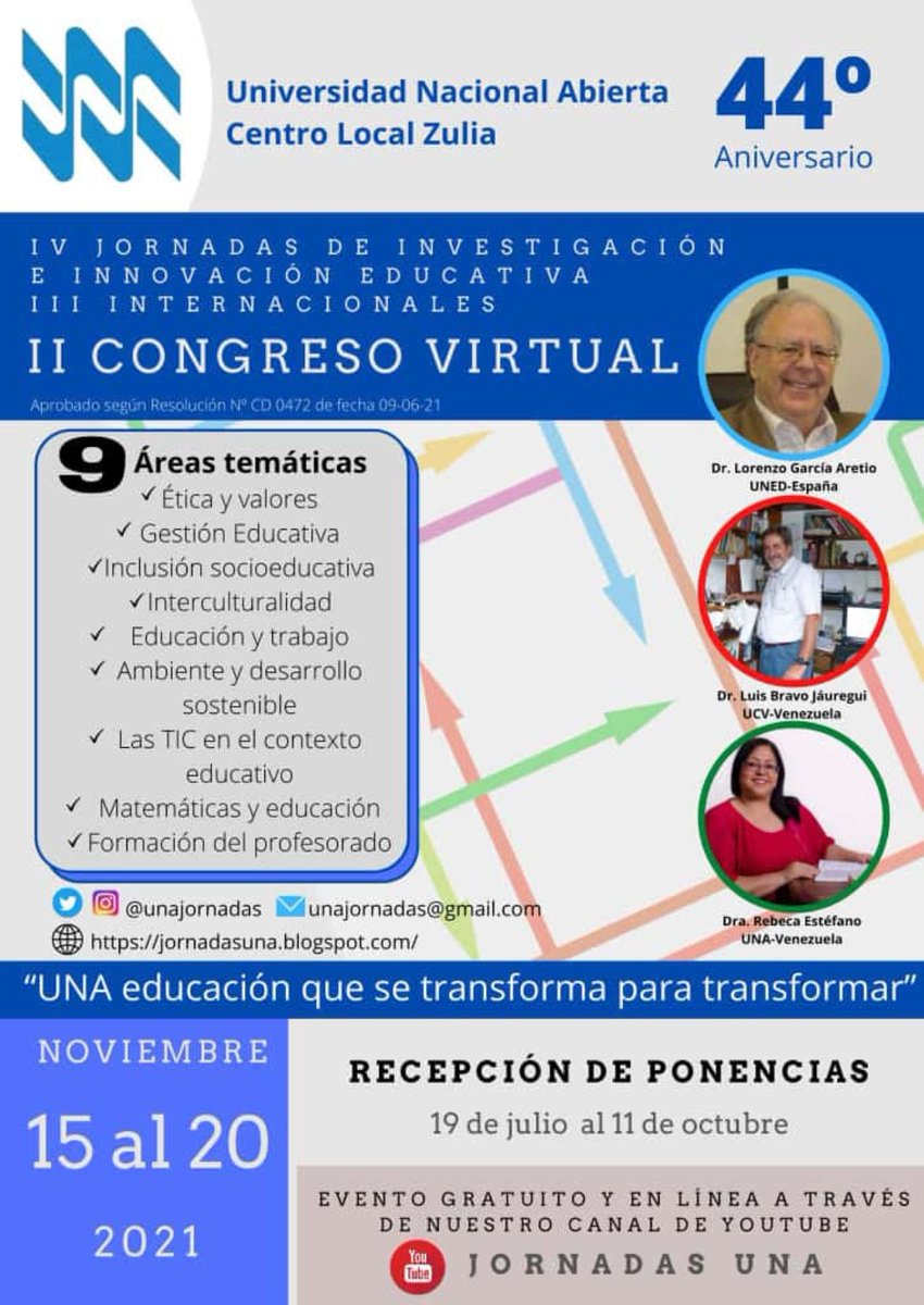 #20Noviembre cerramos con gran éxito nuestras IV Jornadas de Investigación e Innovación Educativa, III Internacionales y II Congreso Virtual, en el marco de la celebración del 44º Aniversario de la #UniversidadNacionalAbierta

<a href="/UNA_VE/">@UNA_VE</a> 
#CongresoVirtual
#Educación