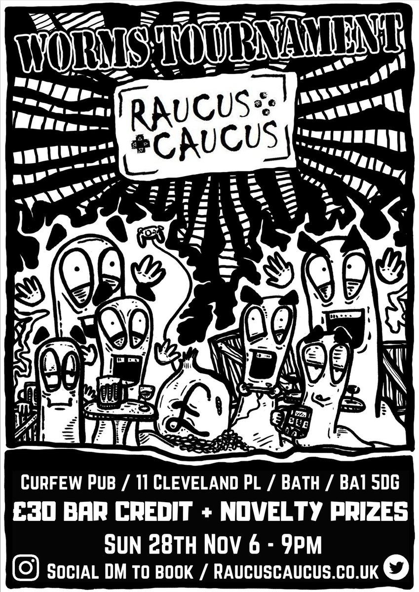 Only a week until our pub gaming tournament <a href="/TheCurfew2/">TheCurfew</a>. Ready your homing pigeons and banana bombs! No experience needed for this casual and fun worms contest. Drop us a message to reserve a table or book online at raucuscaucus.co.uk. #Bath #Bathspa #Bristol #Thingstodo