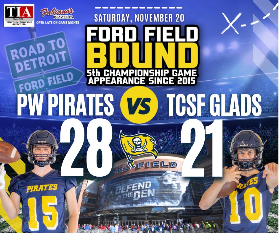 PWGRIDIRON's tweet photo. Pirates take down the #1 ranked Gladiators and move to 13-0! We head to Ford Field to play in our 5th State Championship since 2015! Good work Team 61! #Onward 🏴‍☠️ https://t.co/jkIim7bE5v