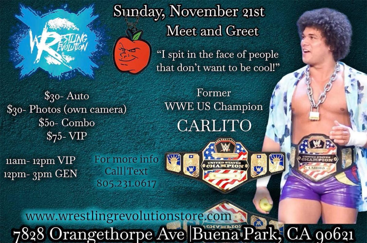 WrestRevStore's tweet photo. @litocolon279 coming to Buena Park, CA TOMORROW from 11am-3pm.  Meet former WWE Superstar Carlito. He will be signing autographs &amp; taking pics

If you can not attend in person, I will be taking orders.  Please DM me.

#wwe #wweraw #wwesmackdown #wwenxt #wweuniverse #wwedivas #roh https://t.co/M9GibE90eb