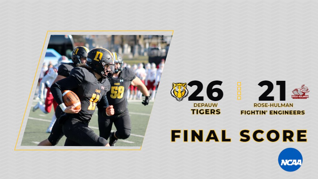 DePauwAthletics's tweet photo. DePauw makes history at Blackstock Stadium with a 26-21 win over Rose-Hulman for the program's first NCAA postseason win. #TeamDePauw #TigerPride #WinTheDay https://t.co/5Hl1du0BW1