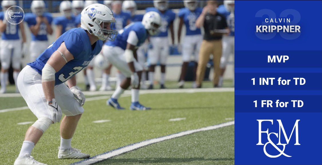 FandMFootball's tweet photo. Senior LB Calvin Krippner earns MVP of the game!!🏆 https://t.co/R7KZbvxo77