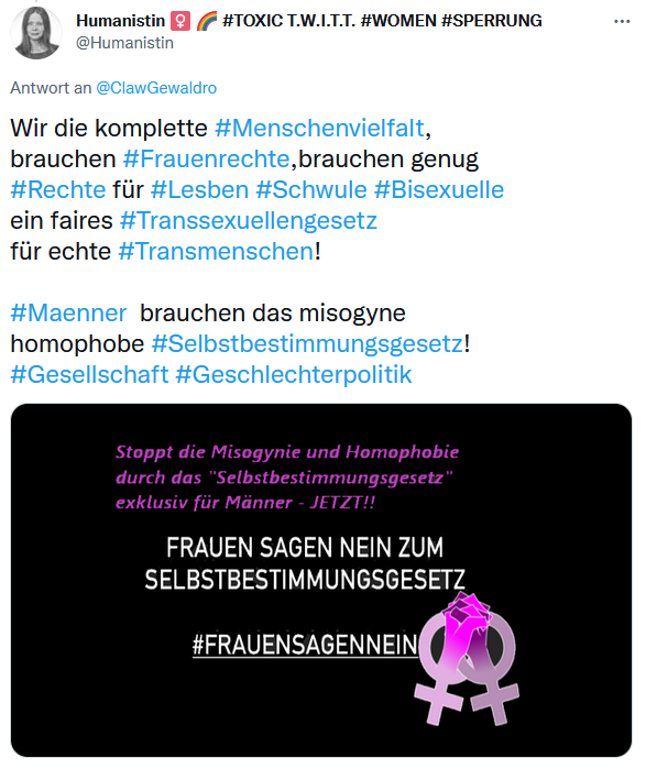 Humanistin's tweet photo. @tazgezwitscher #Gruene #Taz Wer braucht #misogynen #homophoben #toxischen #Mainstream
#Feminismus der die reale #GeschlechterVielfalt entrechtet?
Transfrauen sind Transfrauen Nicht Frauen,
dass ist grundsätzlich feministisch und auch korrekt.
#Toxische #Transfrauen fordern #Männerrechte. https://t.co/stvPAIJdYy