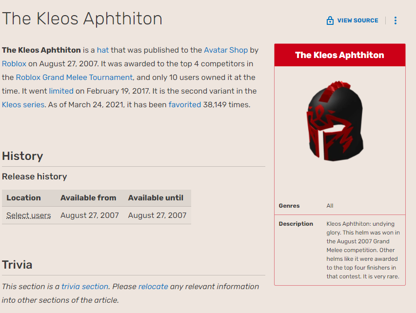 One of the thumbnails on the game features 2 characters with 2 Roblox hats, one being the "Coif Of Glory" and the other being "The Kleos Aphthion", both released around 2007 and are redesigns from the Kleos series.