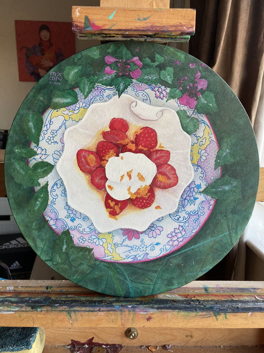 krizena's tweet image. Currently #reworking this circular canvas I started quite a few years back in #acrylic… overpainting in water mixable #oils. I think it is intensifying the colours and adding much needed depth. #wip #krizenakreations #strawberriesandcream #artistsontwitter