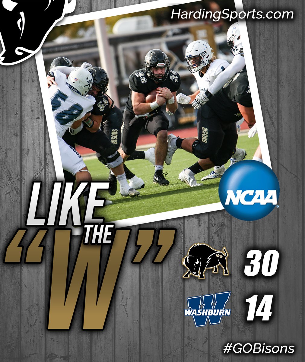 FINAL | <a href="/Harding_FB/">Harding Football</a> 30, Washburn 14 #GOBisons

Harding advances to the next round of the playoffs. Check hardingsports.com for opponent and time.