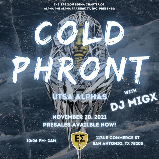 Esig_Alphas's tweet photo. IT’S THAT TIME, 🥶COLD PHRONT🥶 IS HERE THE OFFICIAL POST GAME PARTY. INFO FOR TN *Ladies 10 in the first hour*
*GREEKS DISCOUNTED IN NALIA*
*EVERYBODY 20$ after 11*
SKIP LINE AVAILABLE #utsa22 #utsa23 #utsaalphas #ColdPhront https://t.co/7PCgWqBTjO