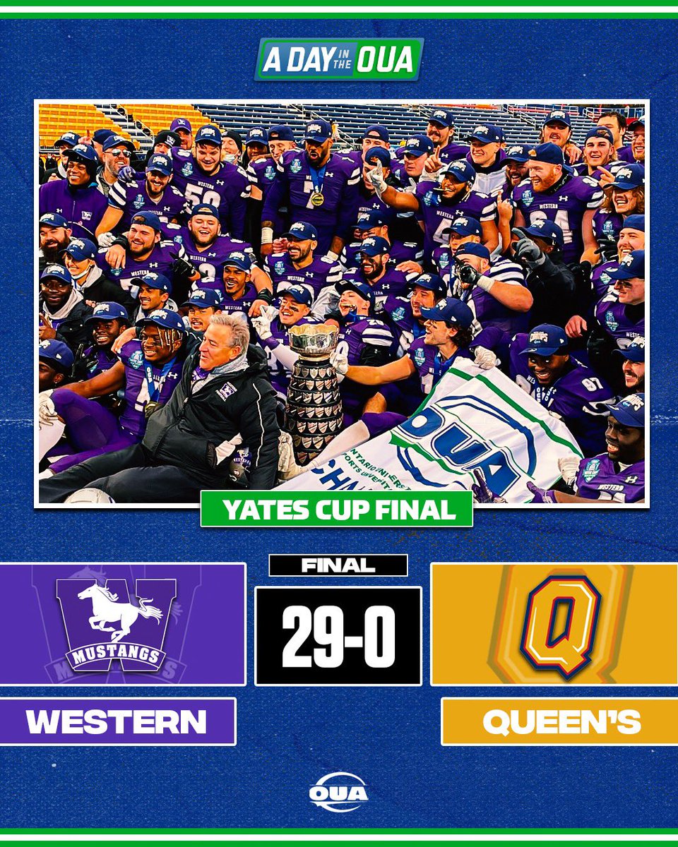 CHAMPIONS! 🐎🏆

The <a href="/WesternMustangs/">Western Mustangs</a> shutout <a href="/Queens_Football/">Queen's Football</a> by a lopsided final score of 29-0 to secure their 33rd #YatesCup championship!

#OUA #ADayintheOUA #USPORTS