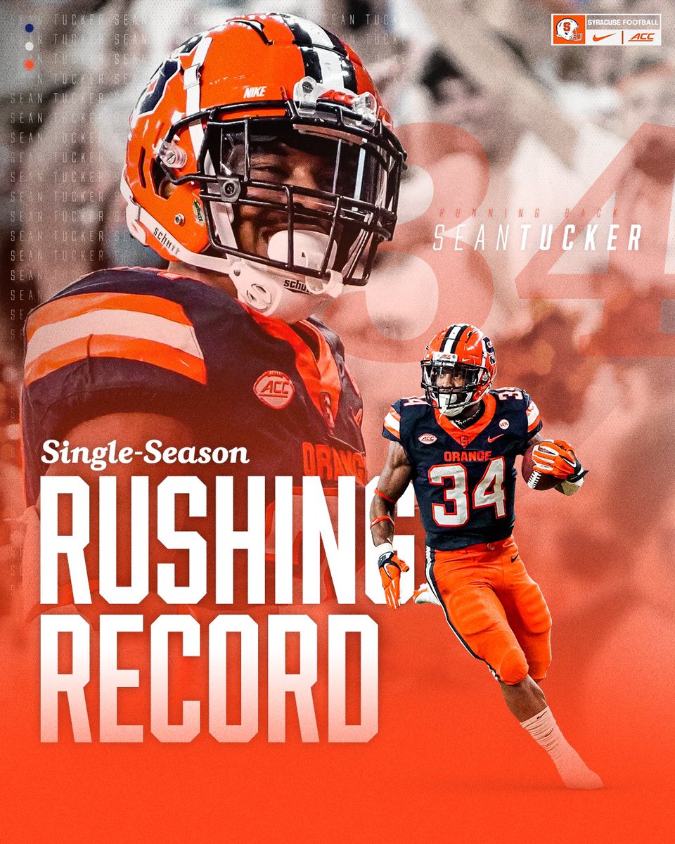 CuseFootball's tweet photo. 42 years later. Joe Morris’ record falls.

@seantucker2020 is your new single-season rushing leader at Syracuse https://t.co/SlcYZmAWjc