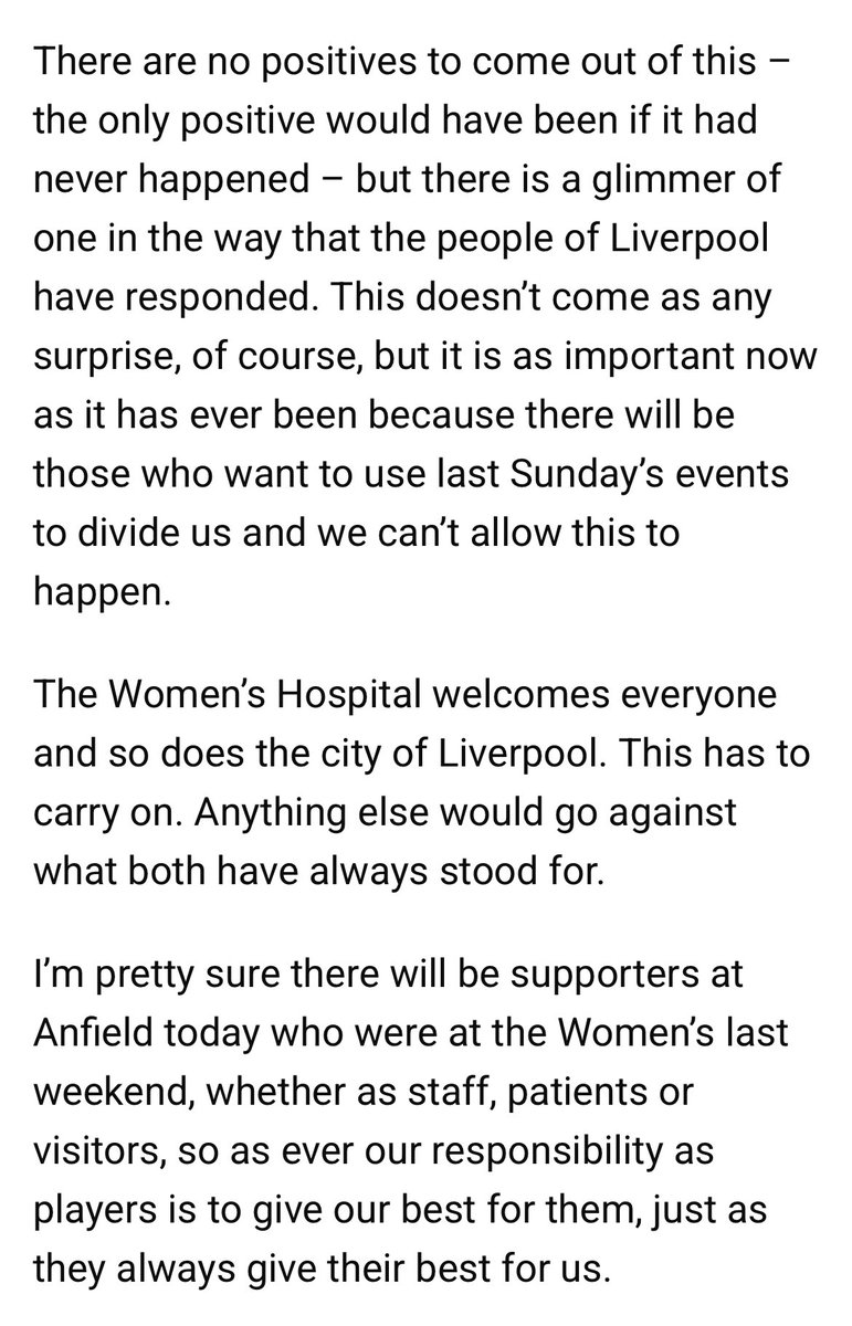Strong message from #LFC captain Jordan Henderson in his programme notes. “There will be those who want to use last Sunday’s events to divide us and we can’t allow this to happen. The Women’s Hospital welcomes everyone and so does the city of Liverpool. This has to carry on.” ✊