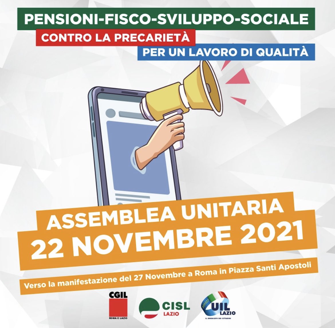 Cisl_Lazio's tweet photo. Lunedì 22 novembre #LAZIO ASSEMBLEA Regionale quadri e delegati CGIL CISL UIL in preparazione della manifestazione di Sabato p.v. in Piazza S.S. Apostoli a #Roma 
Per accedere alla riunione utilizzando il link
https://t.co/oPzk8vicPY
ID riunione: 870 9906 2928 Passcode: 154699 https://t.co/dqIFii906D