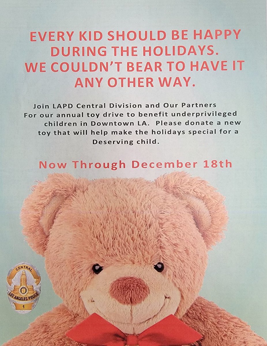 We are collecting toys for the kids on Skid Row again. If you wish give, You can drop a toy off at our station or ship it to me. Sgt Flanagan 251 E. 6th St, LA, CA. 90014