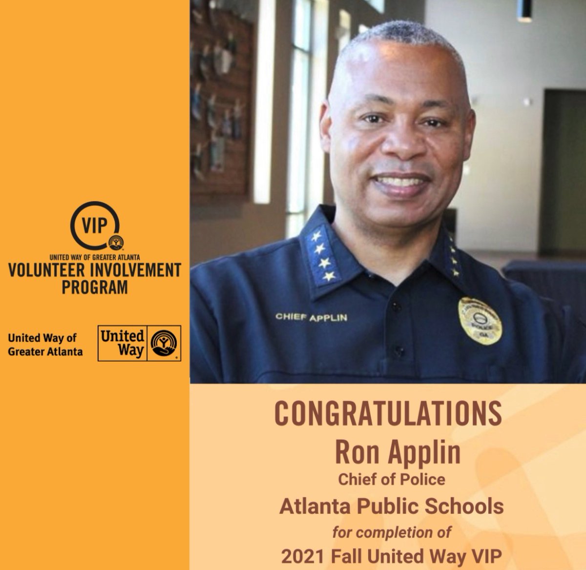 APSPDChief's tweet photo. I was honored to be selected  to attend The @unitedwayvip  (V.I.P.) This week I completed a  10-week, 40-hour training program designed to develop and enhance leadership skills and increase diverse volunteer participation in non-profit boards in the greater Atlanta communities. https://t.co/eZMWaEFY2f
