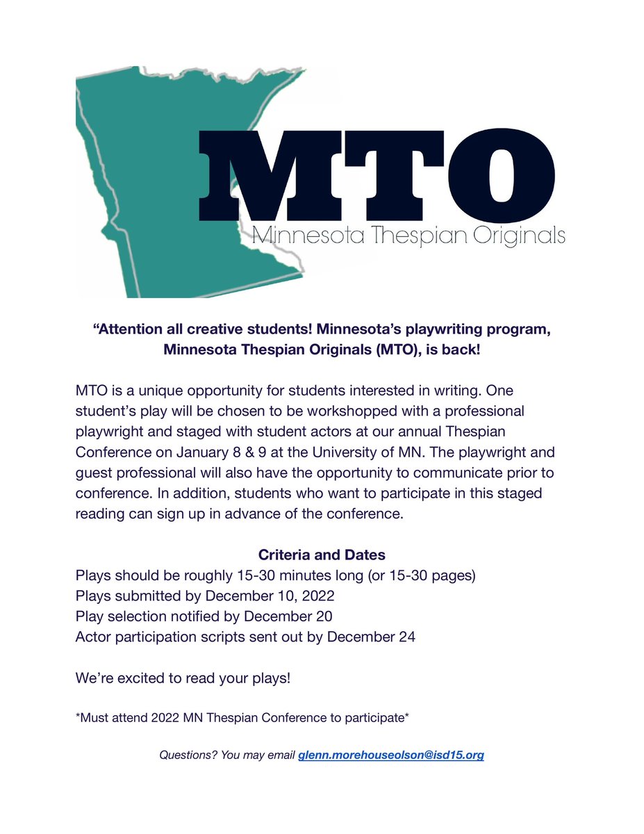 Minnesota Thespian Originals is a great opportunity for student playwrights to have their original short plays workshopped at conference 2022! The deadline to submit is Dec 10!