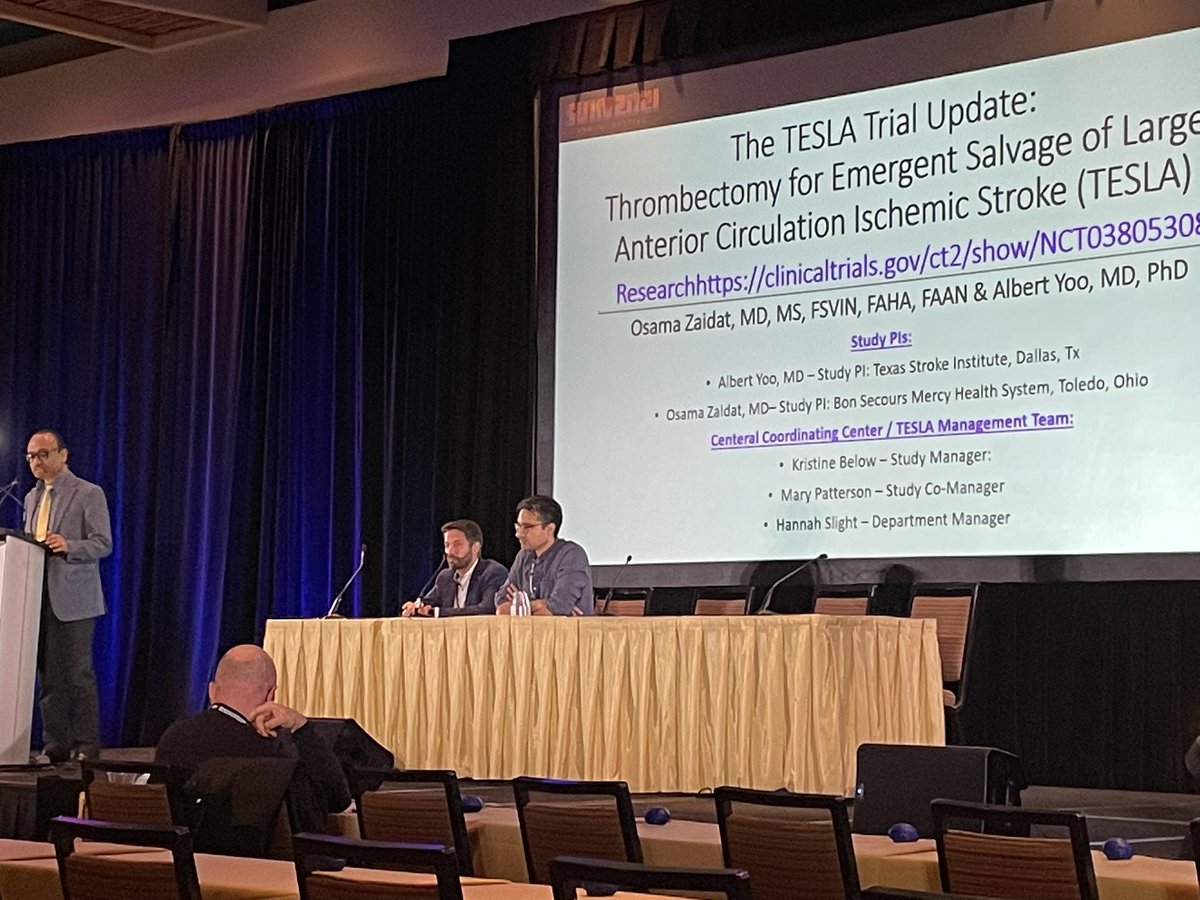 TESLATrial's tweet photo. Dr Osama Zaidat @oozaidat @AlbertJYoo present an update on the TESLA #LargeCore #EVT randomized trial at #SVINAM clinical trials session. https://t.co/BMVkEVGK5l