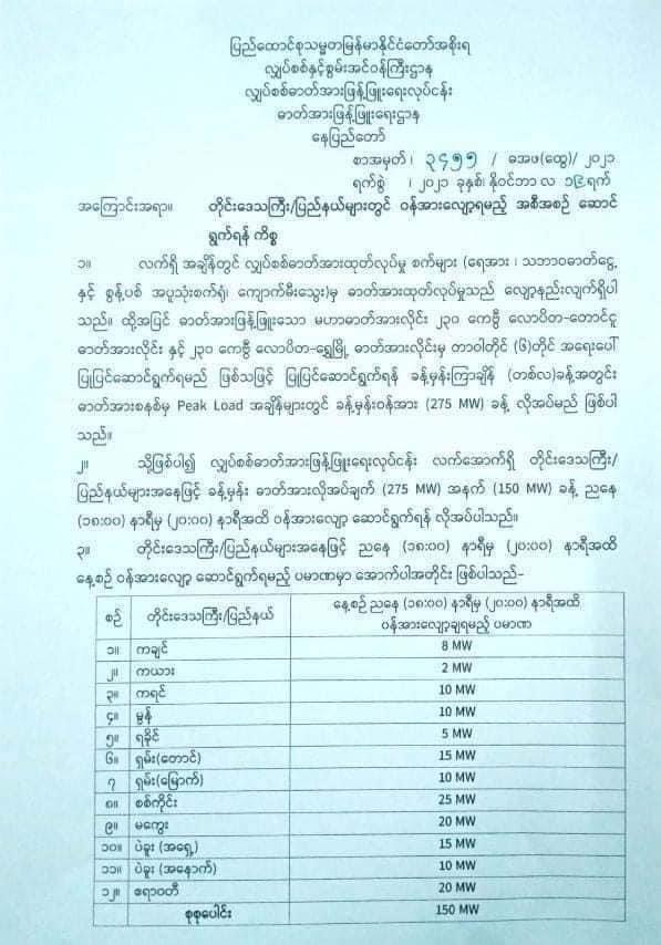 TheChindwin's tweet photo. Myanmar’s #military  council has announced they will cut off #electricity  supply in 12 states and regions out of 14 states and regions for one month from 6 pm to 10 pm citing the decrease of producing electricity power and the renovation work required. https://t.co/DfvgXBDyiW