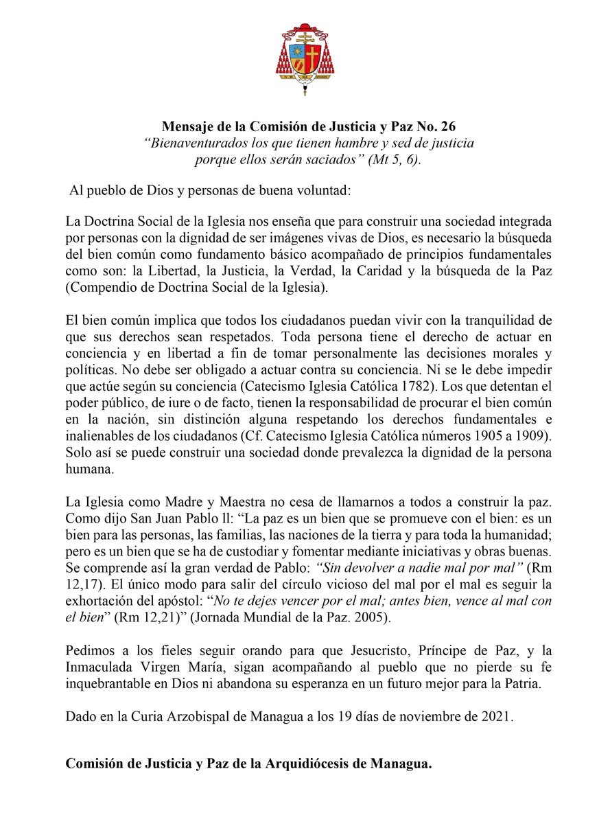 CatolicaNica's tweet photo. +++ Mensaje de la comisión de justicia y paz No. 26 +++ https://t.co/weMmmzsTXE