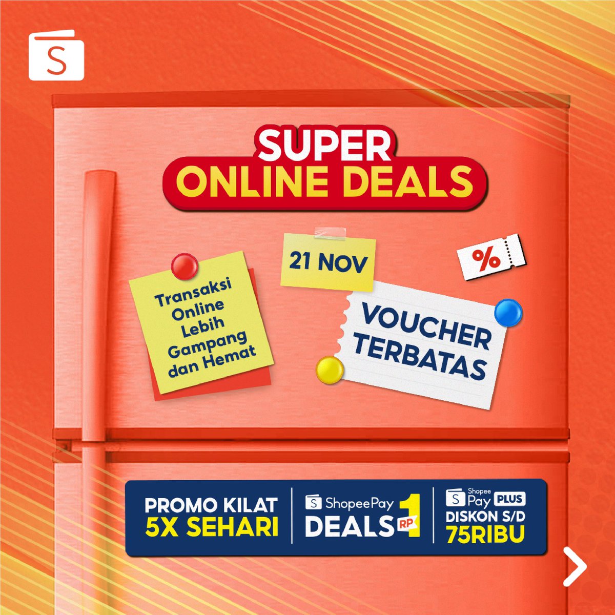 ShopeePay_ID's tweet photo. Udah pada belanja apa aja nih di #SuperOnlineDeals, Sobat ShopeePay?
Hari ini ada promo SHOPEEPAY DEALS RP1, PROMO KILAT 5X SEHARI, dan SHOPEEPAY PLUS DISKON s/d 24 RIBU lho~
Jangan lupa upgrade jadi #ShopeePayPlus dan cek infonya di https://t.co/5l8tEzY53L !
#ShopeePaySOD https://t.co/Pj5PiewpV0