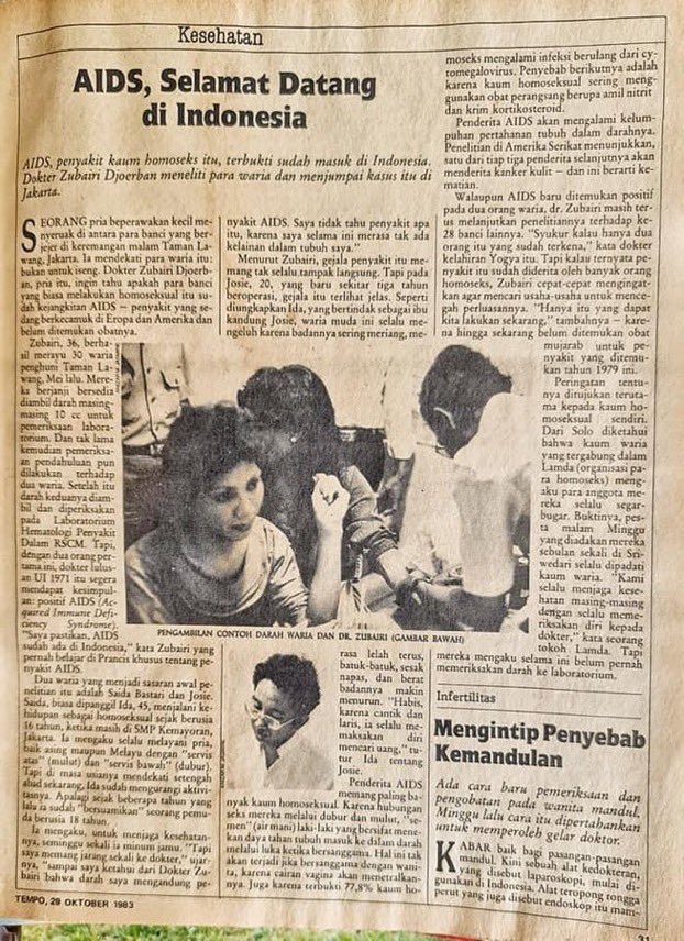ProfesorZubairi's tweet photo. Sekitar 38 tahun silam, saya digambarkan sebagai pria kecil yang menyeruak di antara waria oleh Majalah Tempo di Taman Lawang. Saya dituliskan "merayu" 30 waria agar mau diambil darahnya untuk dicek di lab. Syahdan, saya pastikan bahwa AIDS sudah ada di Indonesia ketika itu. https://t.co/bqHSZVwhta