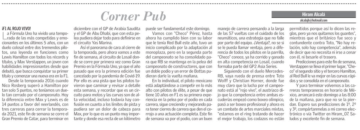 Hiram_07's tweet photo. Les comparto mi columna #CornerPub de esta semana en El Siglo de @Torreon, hoy sobre la lucha al rojo vivo en la Fórmula Uno 🔥. https://t.co/NZlgBfL3k9 https://t.co/f0EX4cOXin