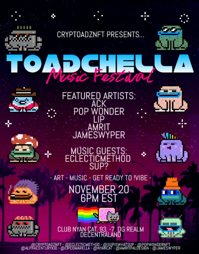PRguitarman's tweet photo. Doors opening soon for Toadchella by @cryptoadzNFT ! Party's about to start
https://t.co/3toFhrbcs6 https://t.co/5Q1ucZb03H