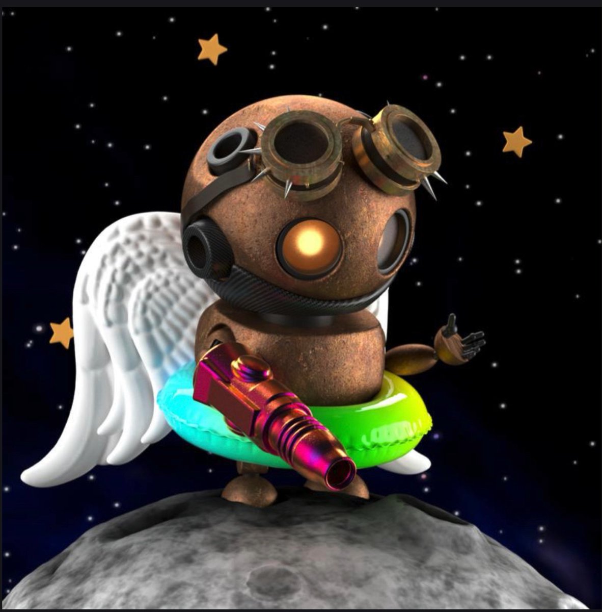 holistic_heals's tweet photo. Looks rare 40%+ Contest ❤️ Rust is a sign of experience. Calls the moon home yet blessed with Angel wings to help explore and a floatation ring for water landings. Assistance offered when called upon from any @terra_bots_io. #badassBot #BotBeauty #TerraBotsArmy #looksrarebot https://t.co/U4KrKO3lB3