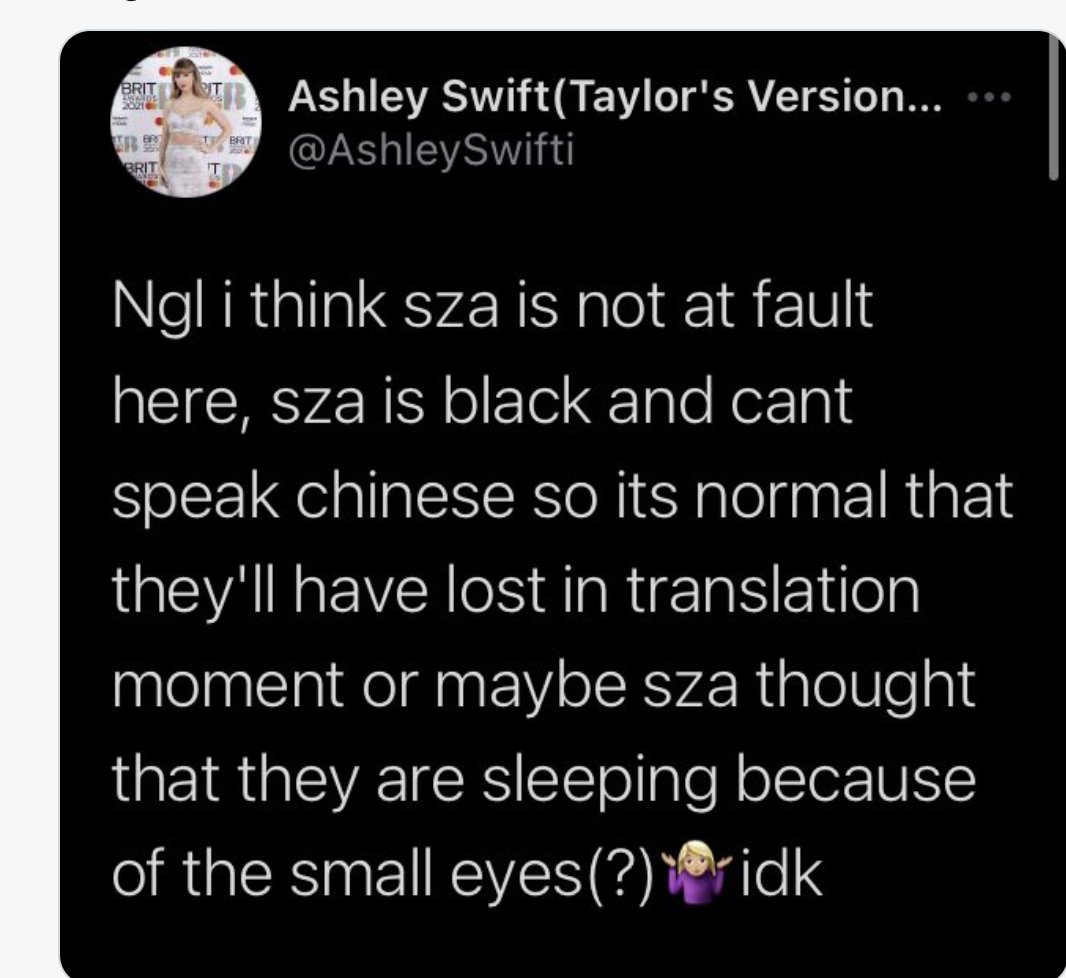 Borahae_321's tweet photo. .@sza, even if you were just joking when you said "they don't care" when you were introduced to BTS, THINK before you tweet.  Taehyung practically gave you a hug.  This resulted in disgusting racist comments against the boys.  I hope you're happy! 

 #LEAVEBTSALONE https://t.co/8PjWtUtWsi