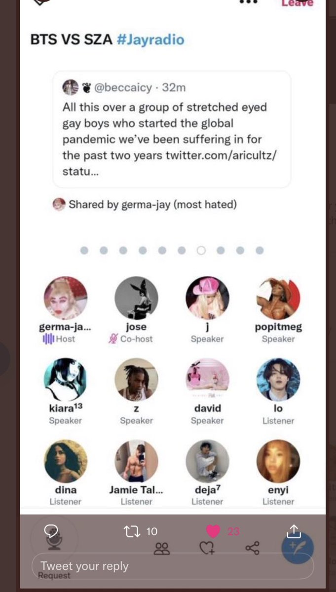 Borahae_321's tweet photo. .@sza, even if you were just joking when you said "they don't care" when you were introduced to BTS, THINK before you tweet.  Taehyung practically gave you a hug.  This resulted in disgusting racist comments against the boys.  I hope you're happy! 

 #LEAVEBTSALONE https://t.co/8PjWtUtWsi