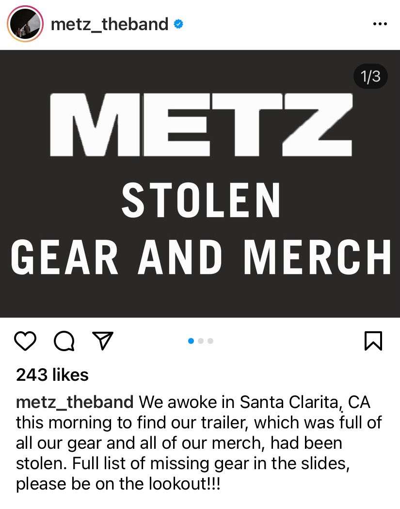 Our great friends in <a href="/METZtheband/">METZtheband</a> had their gear stolen last night in CA. A <a href="/gofundme/">GoFundMe</a> has been set up to assist them. 

gofundme.com/f/help-metz-re…