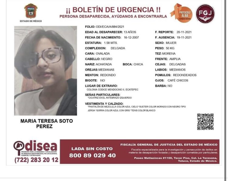 Muna_bargan's tweet photo. ¡¡¡URGENTE!!! ¿Pueden compartir esta información, por favor? María Teresa Soto Pérez es la hija de una amiga. Desapareció ayer cuando iba a la tienda cerca de su casa. Tiene 13 años. Ayúdennos a encontrarla #AlertaAmber https://t.co/QRNsNrncLF