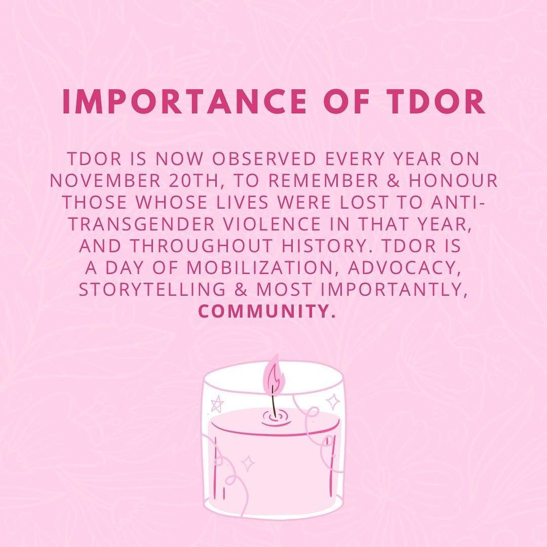 Today marks the 23rd year anniversary of Trans Day of Remembrance. We honour the 2 Spirit, Trans, Non binary and gender queer people who are no longer with us. We remember them today, and every day after. 

Swipe —> to learn more about the history of TDOR and it’s importance.