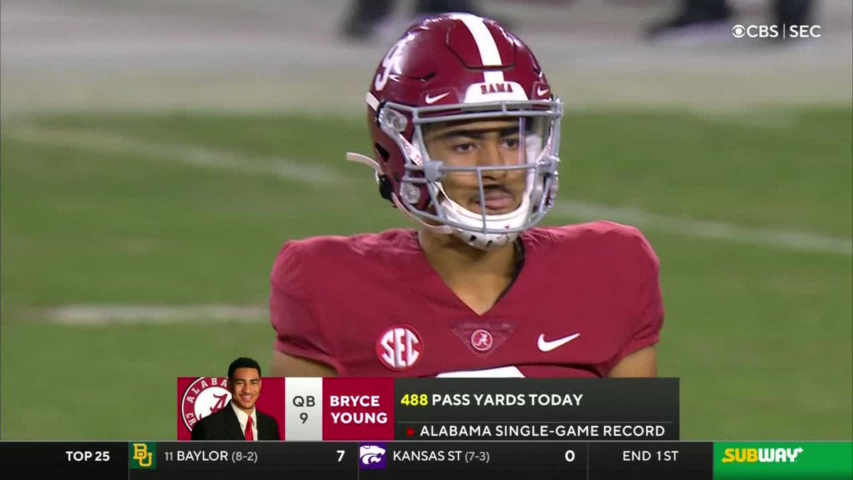 BleacherReport's tweet photo. Bryce Young breaks the Alabama single-game passing yards record against Arkansas 👏

The previous record was set all the way back in 1969 😳 https://t.co/ALRjZ0zlFz