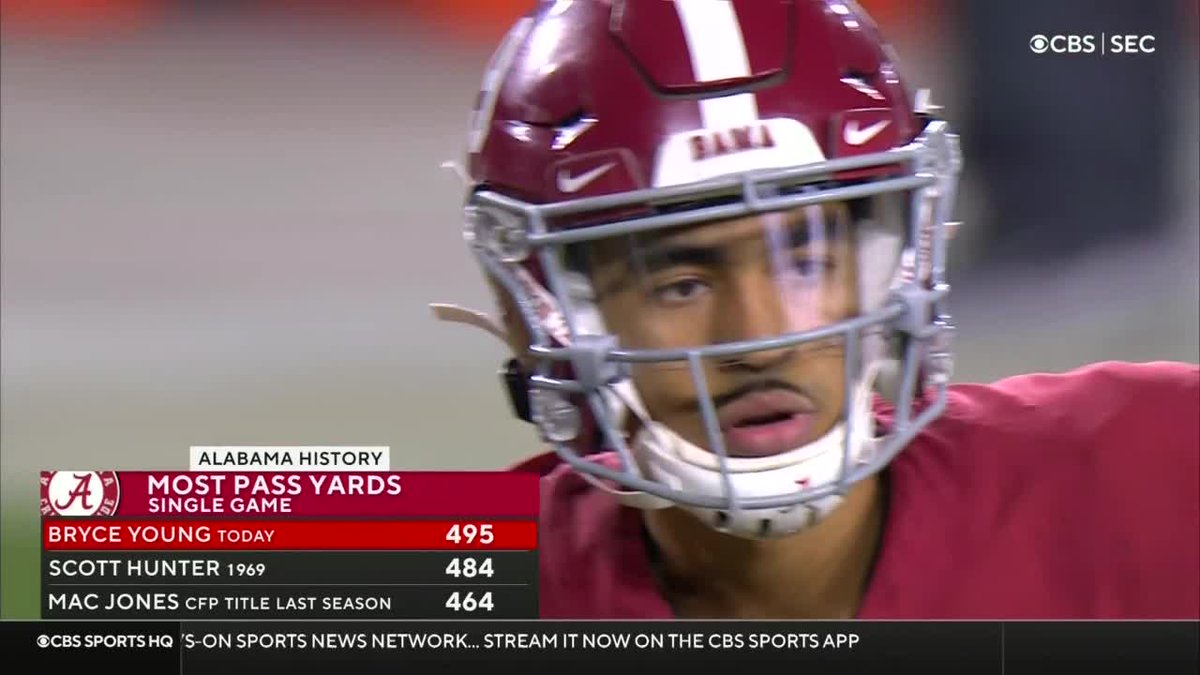 BleacherReport's tweet photo. Bryce Young breaks the Alabama single-game passing yards record against Arkansas 👏

The previous record was set all the way back in 1969 😳 https://t.co/ALRjZ0zlFz