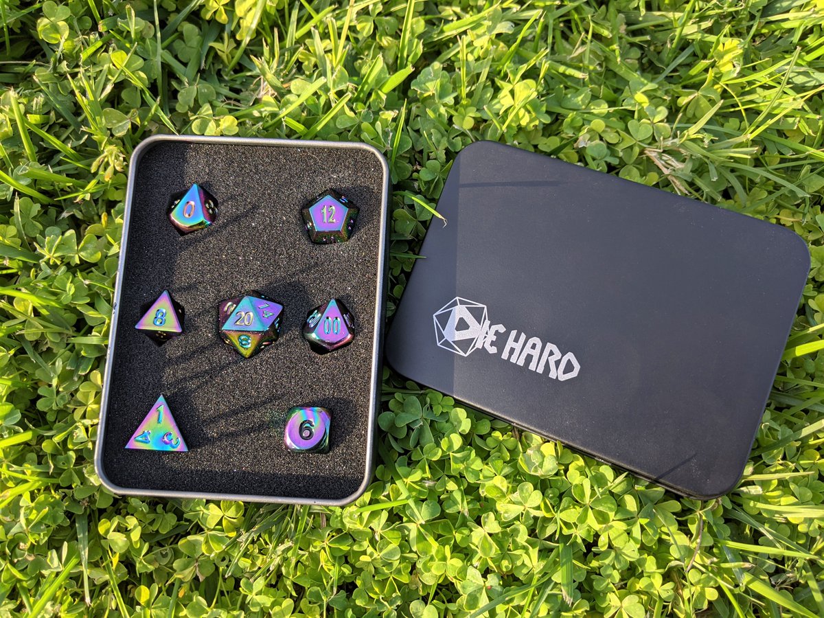 DropTheDie's tweet photo. 🍀Dice Giveaway!👻

The Ghost of Christmas Past offers you these original @DieHardDice Scorched Rainbow metal dice.

NO LONGER FOR SALE, these hefty sweethearts can bring a rainbow to your games year round.

Follow + Like + Retweet to enter! 
Comments welcome :D
Rules below ⬇️ https://t.co/GkYyrozI7D