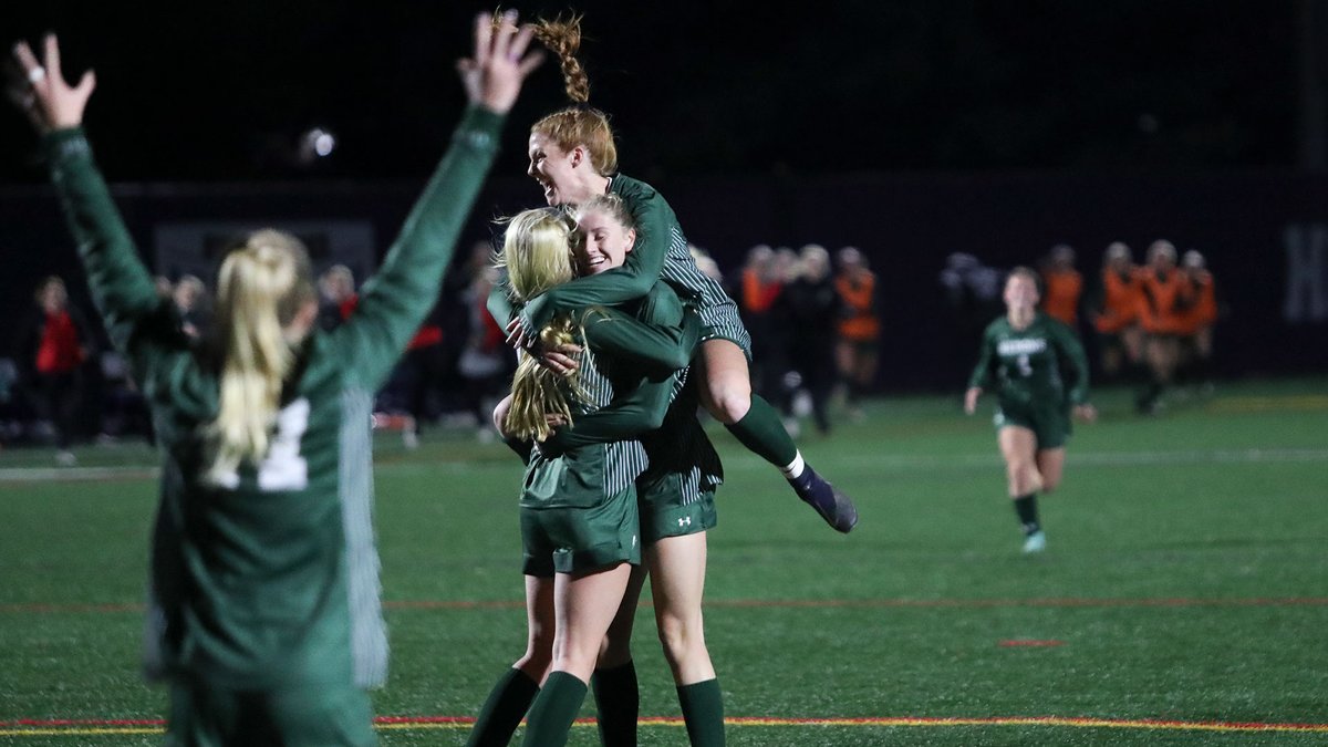 HWSAthletics's tweet photo. The shot &amp; the celly! Kat Berg's game winner, assisted by Julia Berg, in the 107' sends @HeronSoccer into the national quarterfinals!
📸 @DocTRD  
#HeronPride | #d3soccer https://t.co/1qG6U83tU7