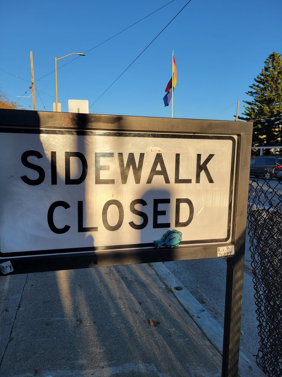 Shenanigans_ATL's tweet photo. Left this @_flounder checking out the pride flag, where @sfmta_muni doesn't allow pedestrians to use the sidewalk. Maybe @BruceHalperin can give some MUNI related clues? #fafsf #fafatl #freeart #freeartfriday https://t.co/0g2OeZcHLf
