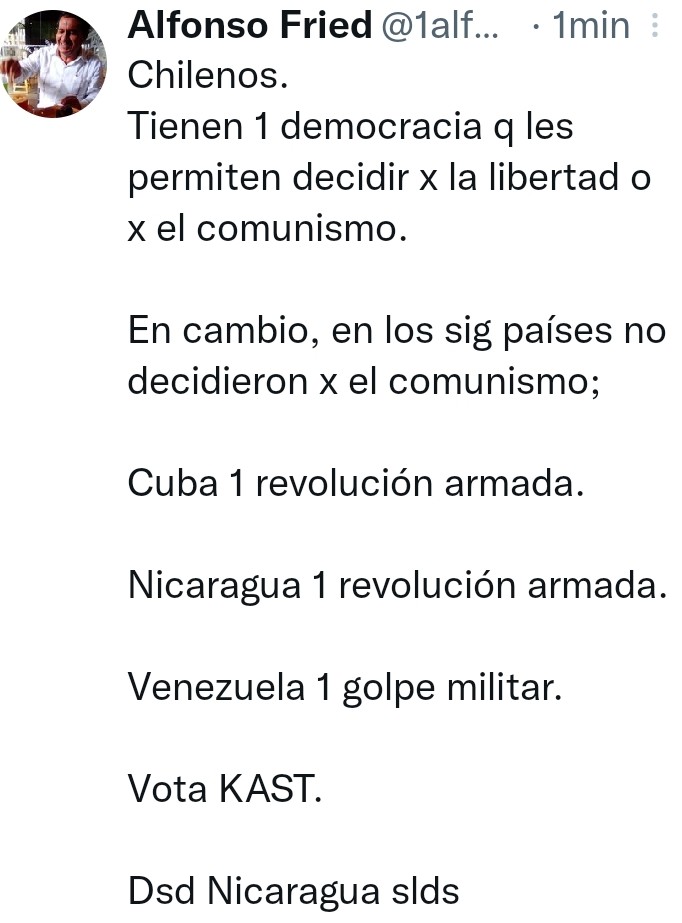 1alfonsofried's tweet photo. Por favor chilenos, presten mucha atención a este mensaje.
Para ello, no se puede desperdiciar el boto.
Chile dentro del tablero geopolítico actual, no está para ninguno d partidos d centro, ni mucho menos el Comunismo. https://t.co/o3WMiDNMAh