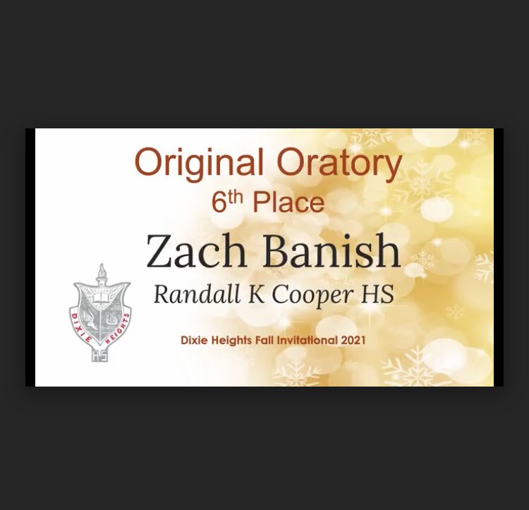 cooperforensics's tweet image. Congratulations to Addie Long for taking Tournament Champion in Dramatic Interpretation and Zack Banish for placing 6th in Oratory at the Dixie Heights tourney.